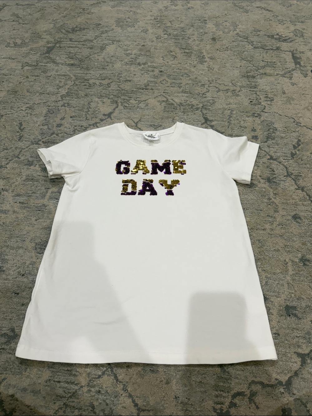 River Island White Tee with Purple and Gold Sequin GAME DAY
